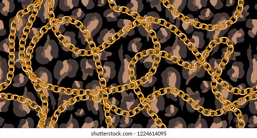 Trendy seamless pattern with gold chains on leopard skin. 