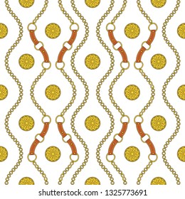Trendy seamless pattern with gold chains, pendants and straps. Fashion accessory jewel for women and men. Pattern for wallpaper, fabric, bedding or clothing. Flat vector outline on a white background.
