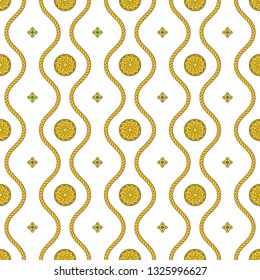 Trendy seamless pattern with gold chains, pendants and straps. Fashion accessory jewel for women and men. Pattern for wallpaper, fabric, bedding or clothing. Flat vector outline on a white background.