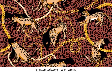 Trendy seamless pattern with gold chains, leopard and rope. Fashion animal print. Vector illustration for textile, fabric, wrapping paper, invitation, background, packaging.