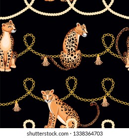 Trendy seamless pattern with gold chains, leopard, braid and rope. Fashion animal print. Vector illustration for textile, fabric, wrapping paper, invitation, background, packaging.