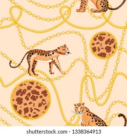 Trendy seamless pattern with gold chains and leopard. Fashion animal print. Vector illustration for textile, fabric, wrapping paper, invitation, background, packaging.