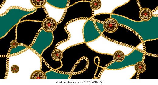 Trendy seamless pattern with gold chains. Green and white on black background ready for print, fabric, textile.