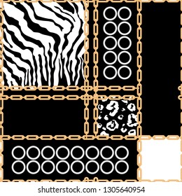 Trendy seamless pattern with gold silver chains on animal skin leopard 
 zebra print for fabric design