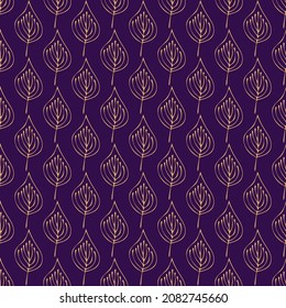 Patrón moderno y sin fisuras con hojas doradas sobre un fondo de terciopelo morado. 