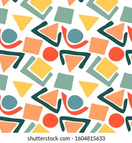 Trendy seamless pattern with graphic abstract geometric shapes. Avant-garde puzzle style. Geometric wallpaper for children books, cover design.