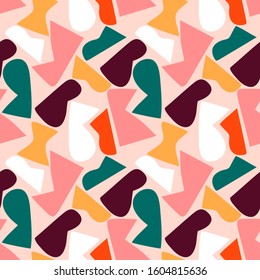 Trendy seamless pattern with graphic abstract geometric shapes. Avant-garde puzzle style. Geometric wallpaper for children books, cover design.