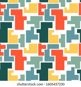 Trendy seamless pattern with graphic abstract geometric shapes. Avant-garde puzzle style. Geometric wallpaper for children books, cover design.
