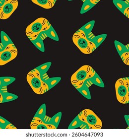 Trendy seamless pattern graphic featuring funny fluffy kitten faces. Bright, happy kitten pattern perfect for clothing prints, wrapping paper, home decor and childrens products.