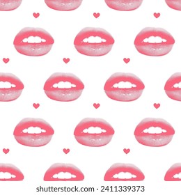 Trendy seamless pattern with halftone collage style lips with dotted texture. Old style background for Valentine's day decoration. Vintage vector illustration.