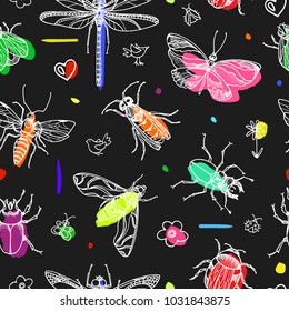 Trendy seamless pattern of hand draw icon insects on black background. Vector illustration in scandinavian style. Line art graphic sketch print Funny fly design. Doodle color abstract simple elements 