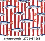 Trendy Seamless pattern. Hand drawn Seafood Mediterranean Sardines on Red Striped , Doodles mackerel, anchovy and seashells Vector Illustration Design for fashion , fabric, textile, wallpaper , wrapping and all prints