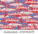 Trendy Seamless pattern. Hand drawn Seafood Mediterranean Sardines  , Doodles mackerel, anchovy and seashells Vector Illustration Design for fashion , fabric, textile, wallpaper , wrapping and all prints