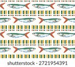 Trendy Seamless pattern. Hand drawn Seafood Mediterranean Sardines Striped  , Doodles mackerel, anchovy and seashells Vector Illustration Design for fashion , fabric, textile, wallpaper , wrapping and all prints