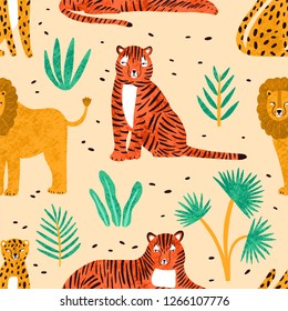 Trendy seamless pattern with hand drawn lions, tigers, leopards and leaves of tropical plants on light background. Backdrop with cute wild exotic predators. Colorful vector illustration in flat style.