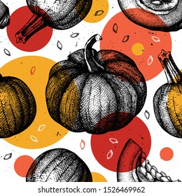 Trendy seamless pattern with hand drawn Pumpkins. Thanksgiving creative design. Autumn Harvest festival background with vector  pumpkins sketches and modern shapes. Collage.