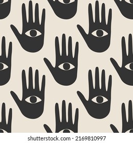 Trendy seamless pattern with hand drawn all seeing eye with hand