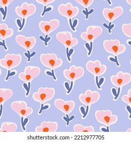 Trendy seamless pattern with hand drawn abstract pink flower on a  blue background. Doodle vector floral illustration. Wallpaper fabric textile wrapping paper or package design.