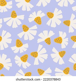 Trendy seamless pattern with hand drawn funny abstract white flowers on a  lilac background. Cute vector floral illustration. Wallpaper background, fabric print, wrapping paper or package design.