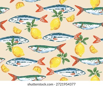 Patrón sin costuras de moda. Sardinas mediterráneas de mariscos dibujadas a mano, Leomon, Doodles, caballa, anchoa y conchas marinas Diseño de Ilustración vectorial para moda, tela, textil, Fondo de pantalla, envoltura y todos los estampados