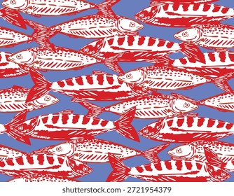 Trendy Seamless pattern. Hand drawn Seafood Mediterranean Sardines  , Doodles mackerel, anchovy and seashells Vector Illustration Design for fashion , fabric, textile, wallpaper , wrapping and all prints