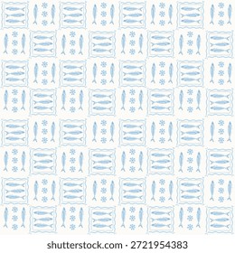 Trendy Seamless pattern. Hand drawn Seafood Mediterranean Sardines blue Checkered and Flower , Doodles mackerel, anchovy and seashells Vector Illustration Design for fashion , fabric, textile, wallpaper , wrapping and all prints