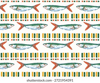 Trendy Seamless pattern. Hand drawn Seafood Mediterranean Sardines Striped  , Doodles mackerel, anchovy and seashells Vector Illustration Design for fashion , fabric, textile, wallpaper , wrapping and all prints