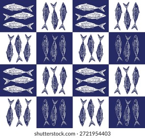 Trendy Nahtloses Muster. Handgezeichnete Meeresfrüchte Mittelmeer Sardinen blau kariert , Doodles Makrele, Sardelle und Muscheln Vektor Illustration Design für Mode , Stoff, Textil, Tapete , Verpackung und alle Drucke