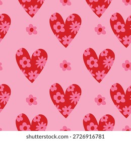 Patrón sin fisuras de moda con corazones texturizados dibujados a mano. Símbolo de amor del corazón rojo para el día de San Valentín. Envoltura, diseño de embalaje en estilo plano.  Adecuado para envolturas de regalo o tarjetas.  Diverso patrón abstracto