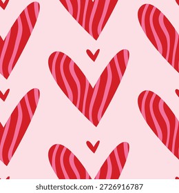 Patrón sin fisuras de moda con corazones texturizados dibujados a mano. Símbolo de amor del corazón rojo para el día de San Valentín. Envoltura, diseño de embalaje en estilo plano.  Adecuado para envolturas de regalo o tarjetas.  Diverso patrón abstracto