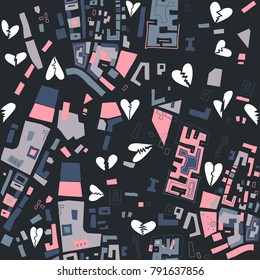 Trendy seamless pattern with a hand-drawn city map and broken hearts. Dark version.