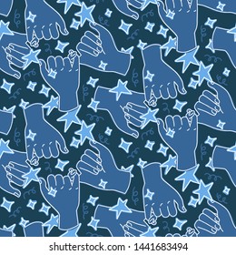 Trendy seamless pattern. Hand-drawn doodle illustration of pinky swear gesture. Two hands, friendship concept. Use for gift wrapping, branding, as fashion textile print, web background.