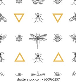 Trendy seamless pattern of insects on white background. Vector design. Sketch with triangle. Elements for your nature design. Eps.10