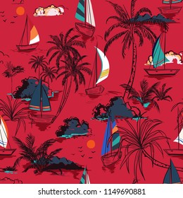 Trendy seamless pattern island with colorful  boat and wind surf . Landscape with palm trees,beach and ocean vector on hand drawn sketch on red background.