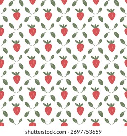 Trendy seamless pattern with large, flat colored vector strawberries and crossing leaves. Ideal for summer textile, vibrant food packaging, wrapping paper, and lively surface design