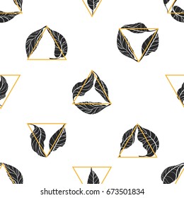 Trendy seamless pattern of leaves of tea bush on white background. Vector shapes in triangles. Elements for your nature design. Organic product. Eps.10