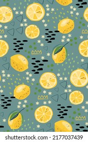 Trendy seamless pattern with lemon, leaves and abstract shapes. Can be used for textile design, printing fabric.  Limited color palette.