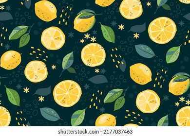 Trendy seamless pattern with lemon, leaves and abstract shapes. Can be used for textile design, printing fabric.  Limited color palette.