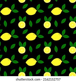 Trendy seamless pattern with lemons on a black background. Stylish fresh design for fabric, wrapping paper, packaging, apparel, textile. Vector illustration