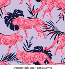 Trendy seamless pattern with leopards with tropical leaves combintaion color Pink and purple vector EPS10,Design for fashion , fabric, textile, wallpaper, cover , wrapping and all prints on lilac 