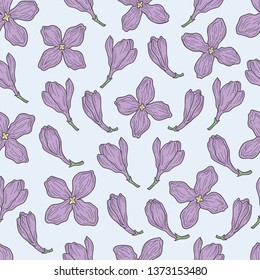 Trendy seamless pattern of Lilac in sky blue background. Hand drawing style for prints, textile, fabric, etc. 