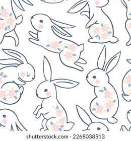 Trendy seamless pattern. A line of silhouettes of a bunny rabbit in a vector painted with pink flowers. Monochrome linocut white background. Hand-drawn cartoon illustration of forest character