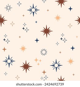 Trendy seamless pattern with linear stars and sparks in a minimalistic style. Boho mystical esoteric. Vector illustration. Pink background for design, textile, packaging, astrology, phone case, paper