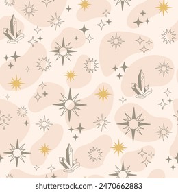 Patrón sin costuras de moda con estrellas lineales y cristal en un estilo minimalista. Boho místico esotérico. Ilustración vectorial de fondo para el diseño, textil, embalaje, astrología, caja del teléfono, papel