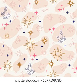 Trendy seamless pattern with linear stars and crystals, minimalistic style. Boho mystical esoteric. Vector illustration. Background for design, textile, packaging, astrology, phone case, paper