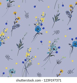 Trendy seamless pattern many kind of blooming meadow flowers Botanical. Seamless vector texture. Elegant template for fashion prints. Printing with in hand drawn style on light blue