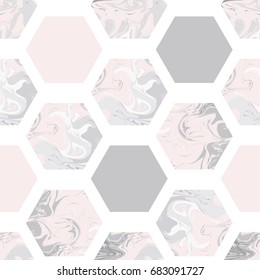 Trendy Seamless Pattern With Marble Hexagons