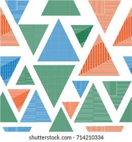 Trendy seamless pattern in Memphis style . Modern design . Repeating smooth lines vector background . Cool geometric background. Technology Backdrop. Triangle Shapes.