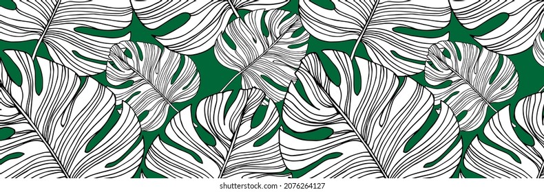 Trendy seamless pattern with Monstera Deliciosa tropical plant. White monstera leaves isolated on a green background. Exotic summer vector print for wallpaper, textile, fabric, packaging, cosmetic.