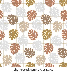Trendy seamless pattern with monstera leaves. Modern vector wallpaper with palm leaves. Boho style summer background.